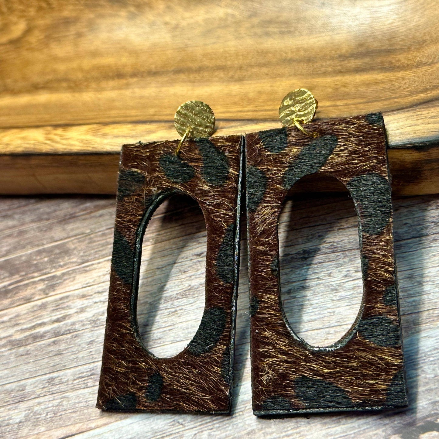 Brown Leopard Print Fur Earrings: Gold Wood Jewelry for Her