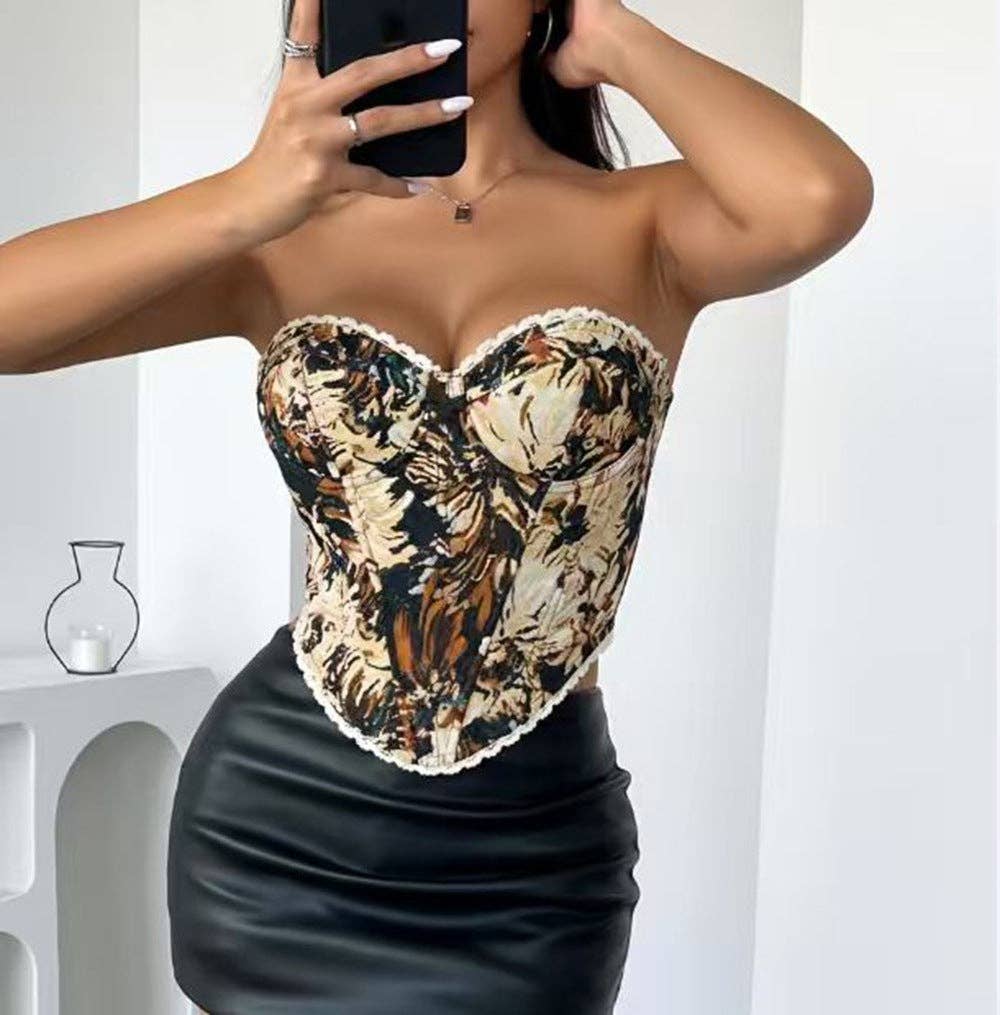 Retro Floral Lace-Up Corset Top for Trendy Street Style