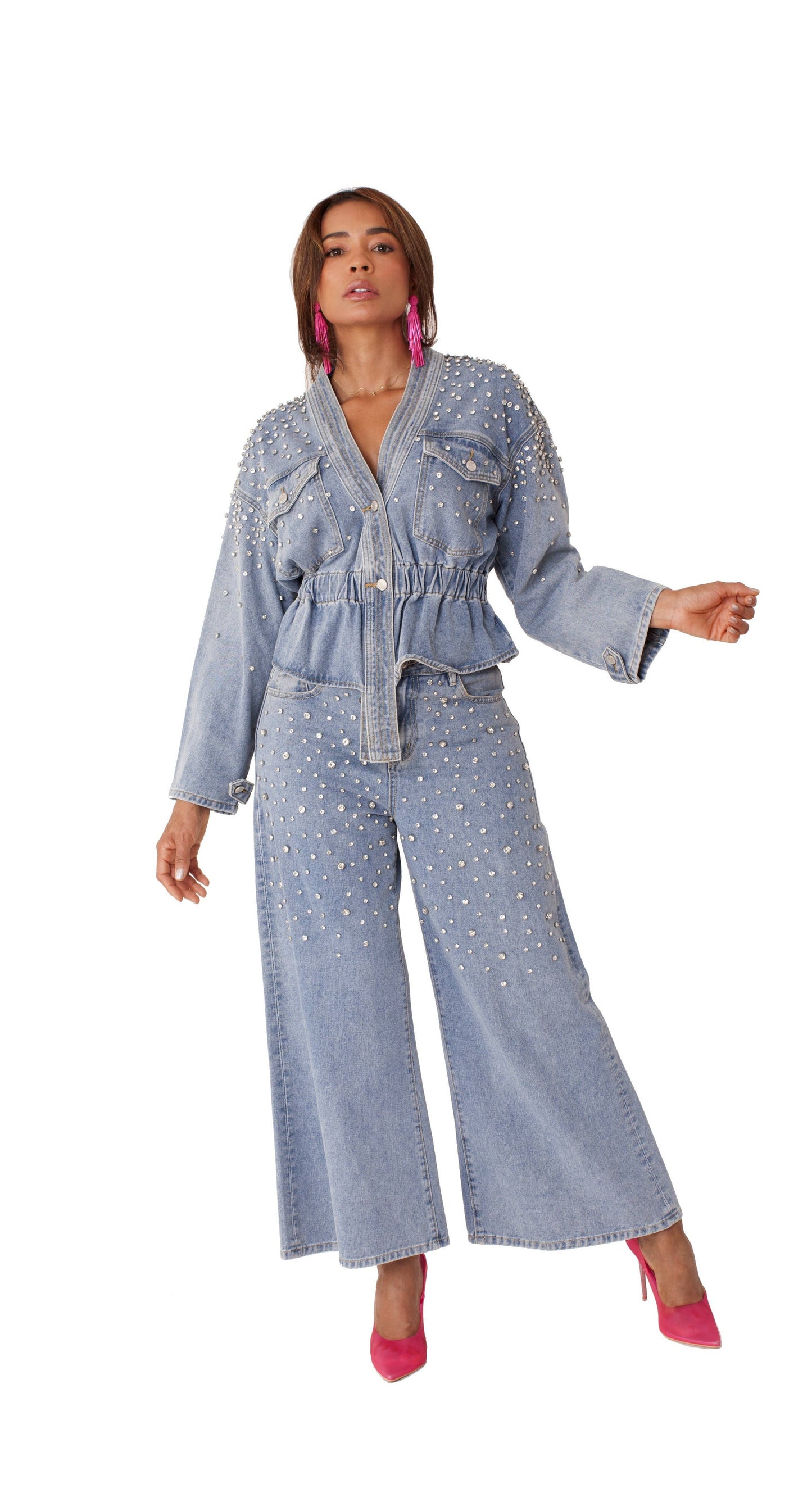 Pearl Cascade Peplum Denim Jacket - 82325