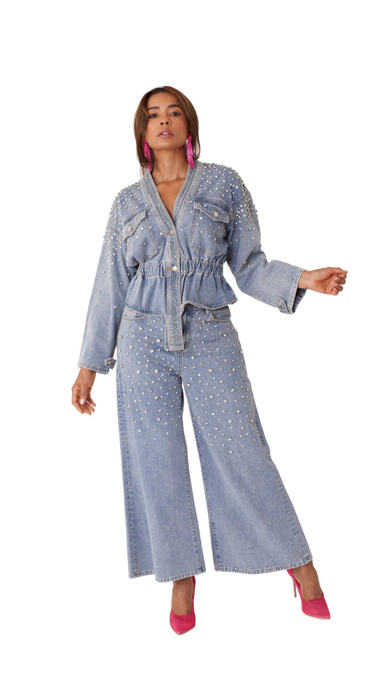 Pearl Cascade Peplum Denim Jacket - 82325