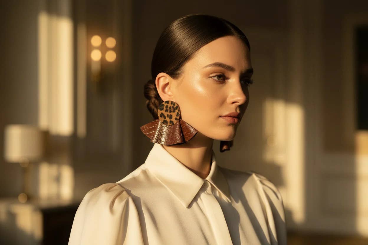 Brown Croc & Leopard Leather Bold Statement Earrings