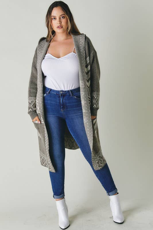 - PLUS SNOW PRINTED LONG SLEEVE POCKETS CARDIGAN PWJ14067