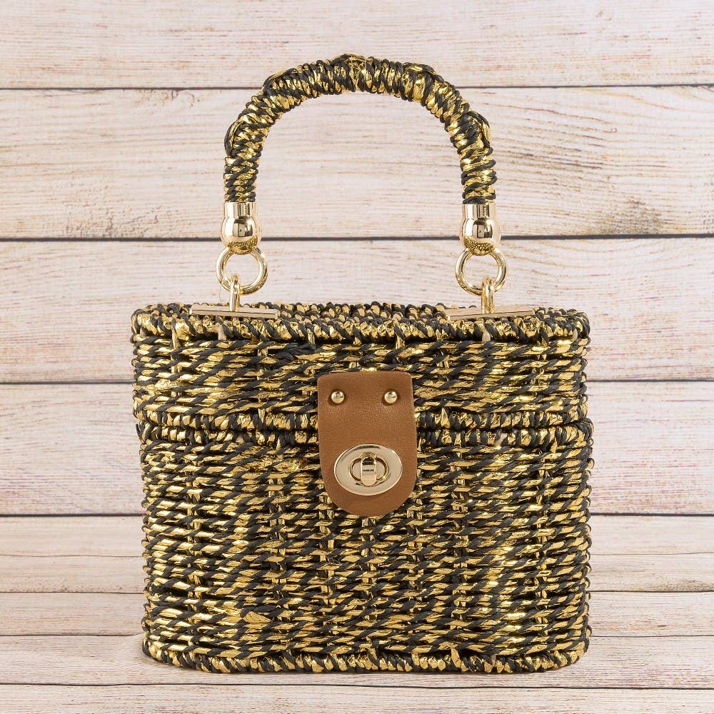 Metallic Woven Straw Top Handle Box Bag