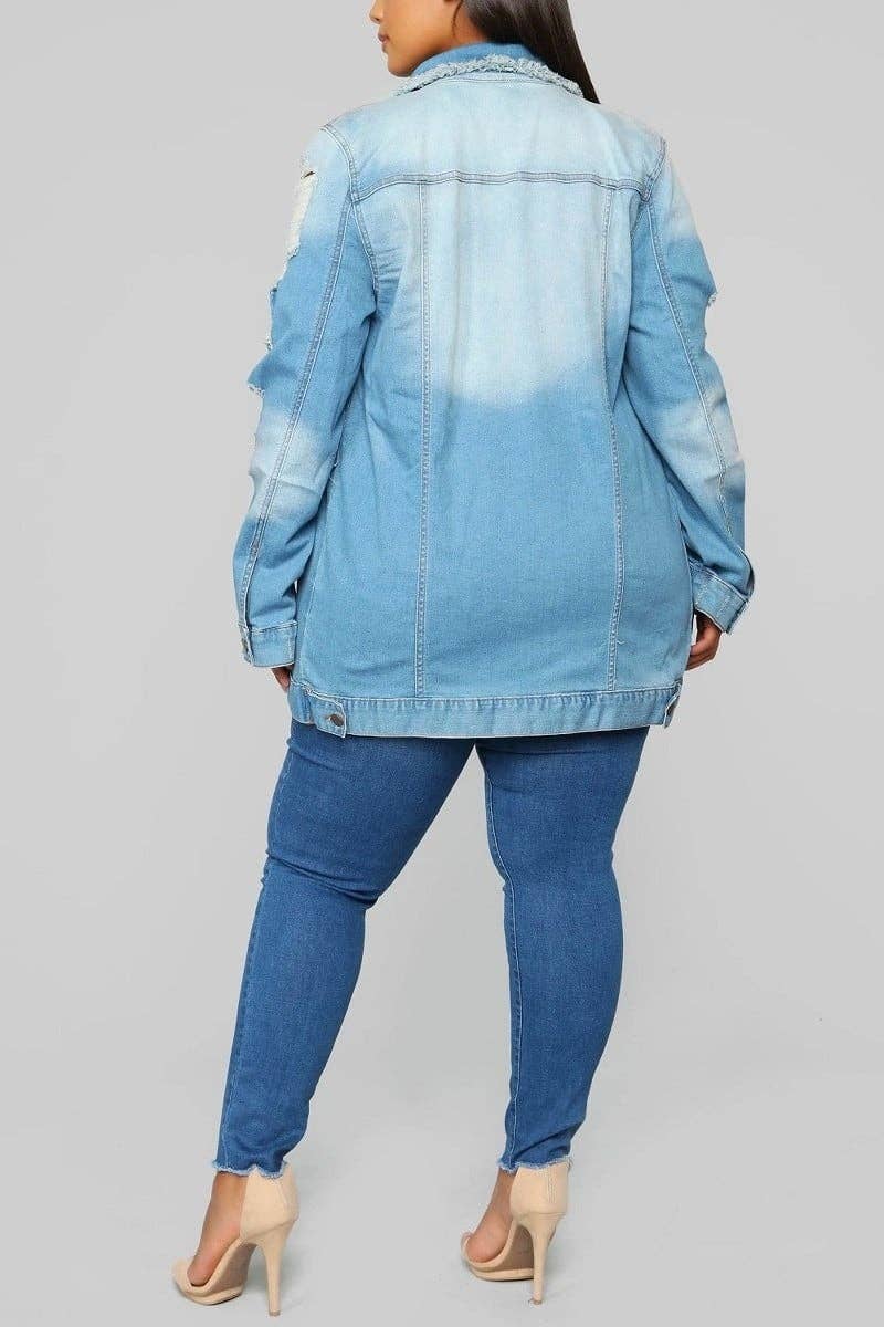 Plus Size Long Sleeve Medium Blue Vintage Washed Oversize Di