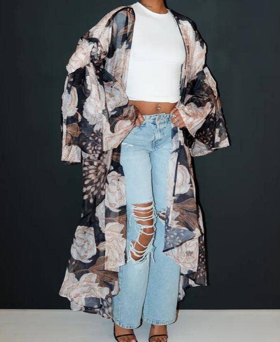 Floral print kimono tropical beach cardigan