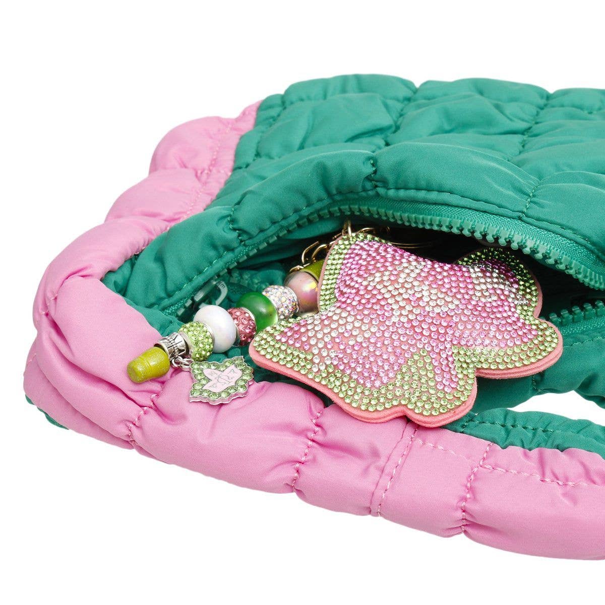 Mini Quilted Puffer Pink Green Bag
