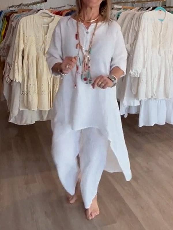 Casual Long Sleeve Cotton Linen Two-Piece Set for Women