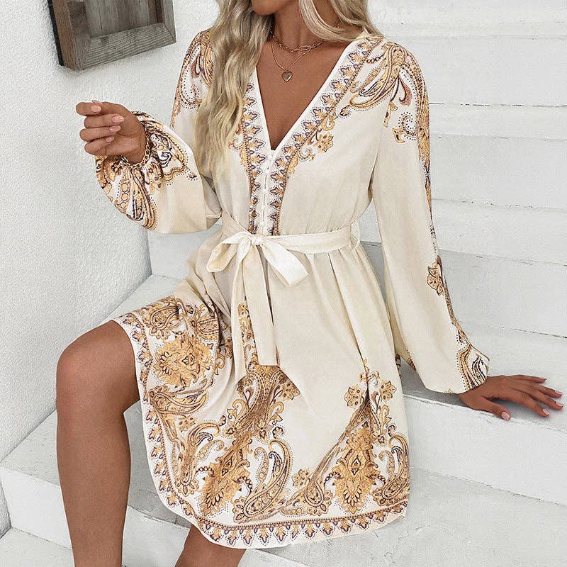 Elegant Vintage V-Neck Paisley Print Dress for Women