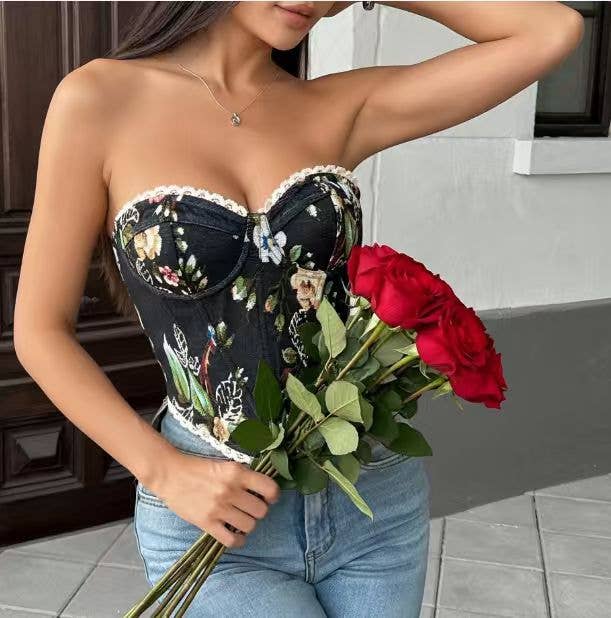 Retro Floral Lace-Up Corset Top for Trendy Street Style