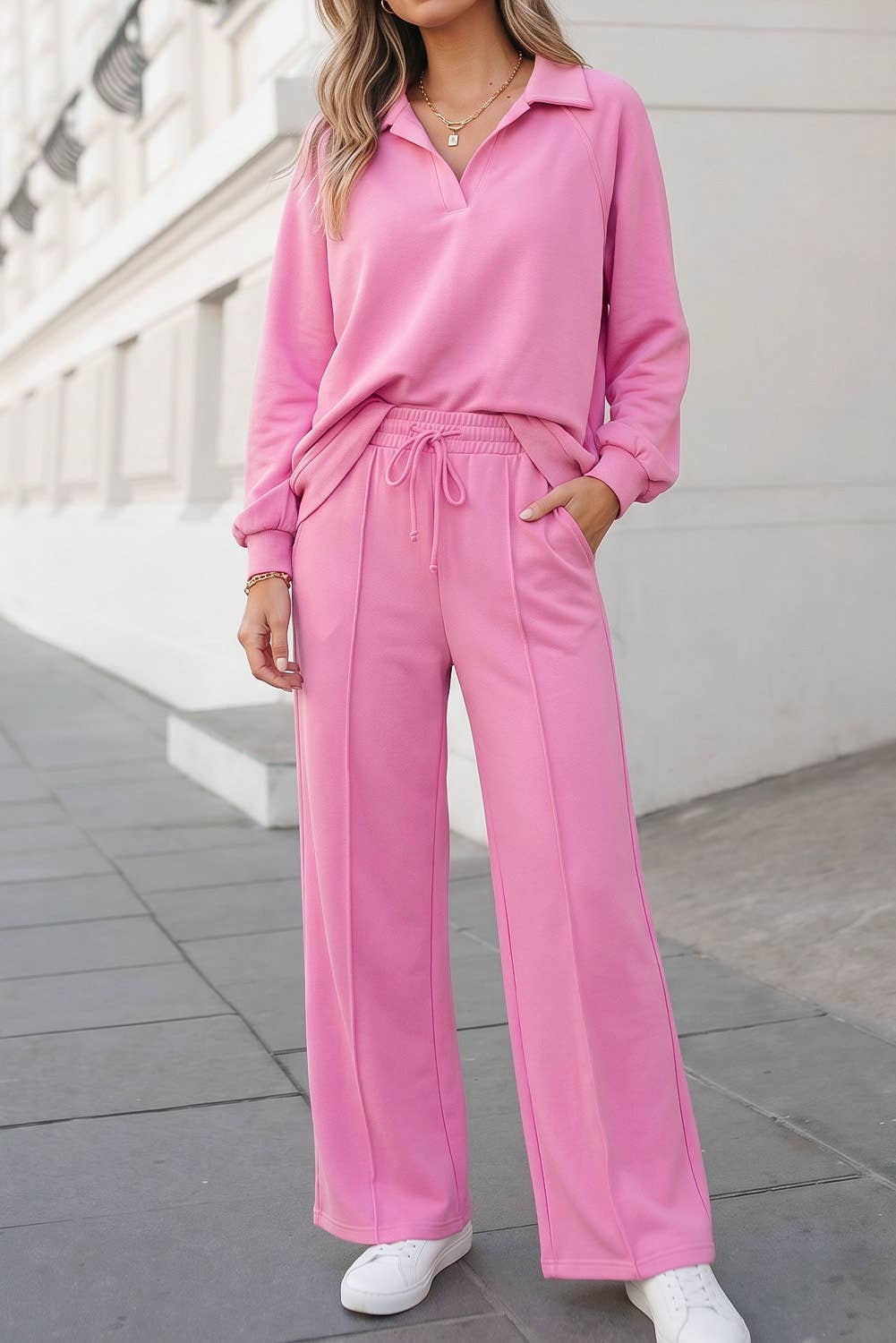 Collared Pullover and Drawstring Sweatpants 2Pcs Set | S-XL
