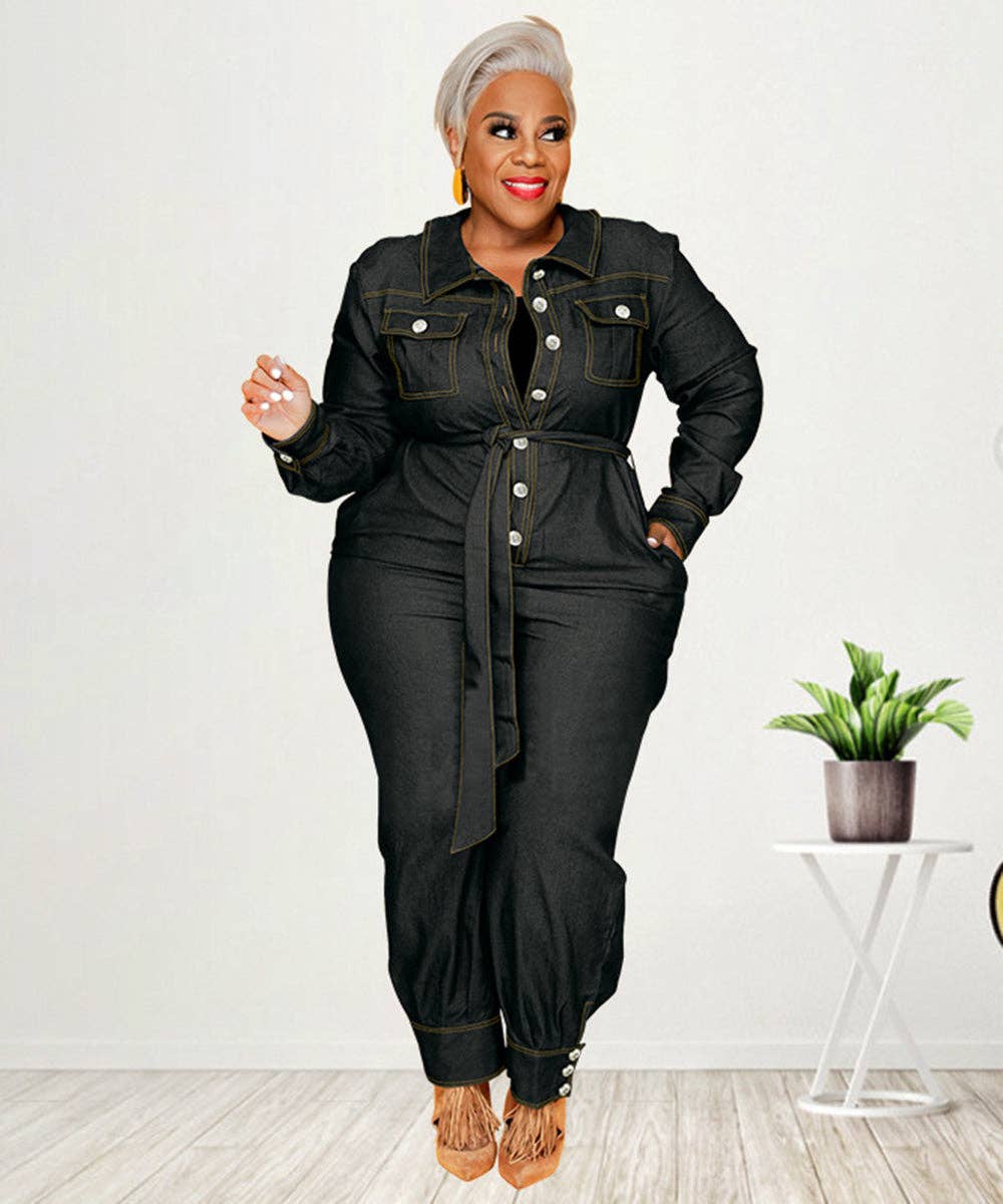 V-Neck Relaxed Denim Jumpsuit