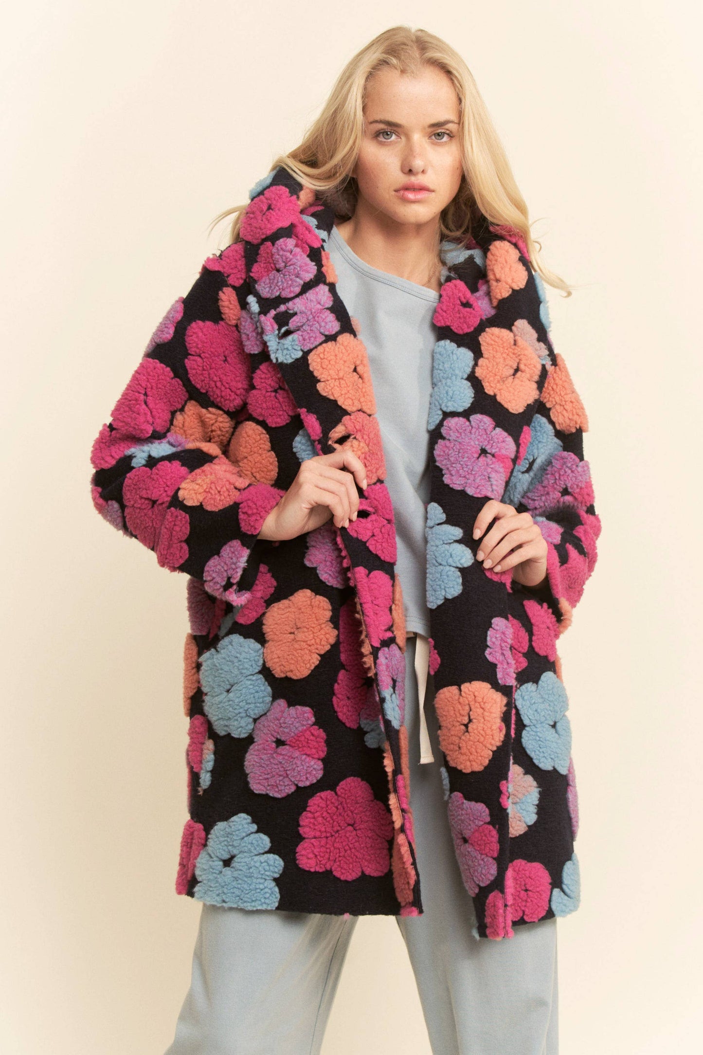 CHUNKY FLOWER EMBROIDERED HOODIE COAT JACKET