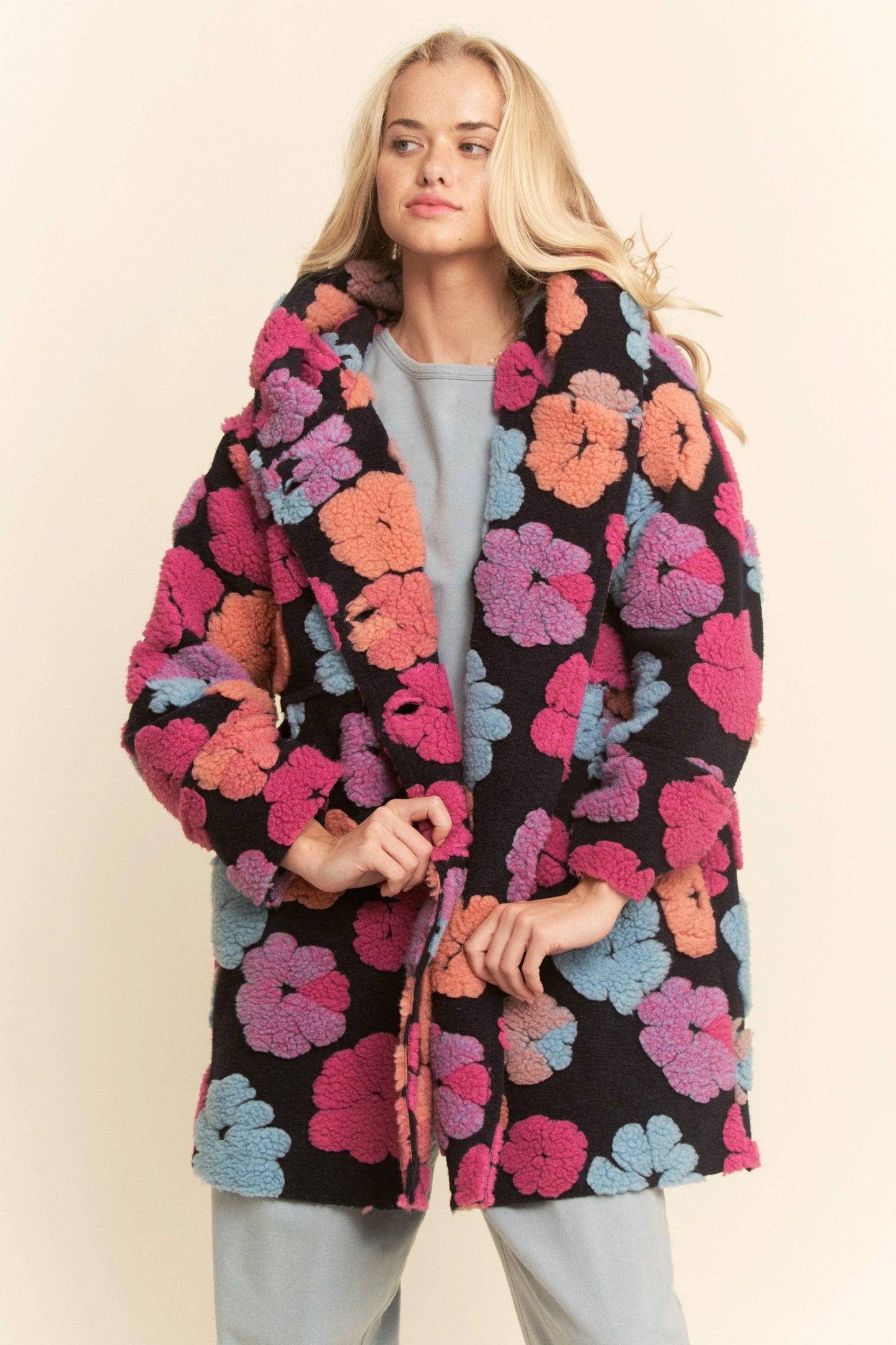 CHUNKY FLOWER EMBROIDERED HOODIE COAT JACKET