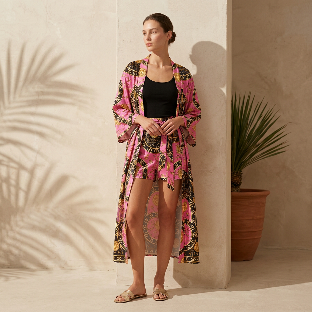 European-Inspired Cardigan Print Two-Piece Set