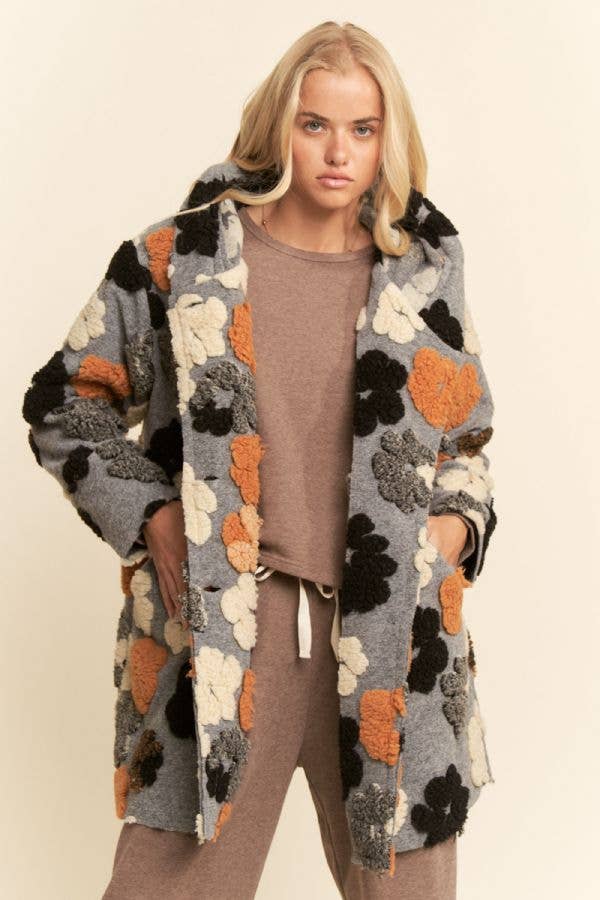 CHUNKY FLOWER EMBROIDERED HOODIE COAT JACKET