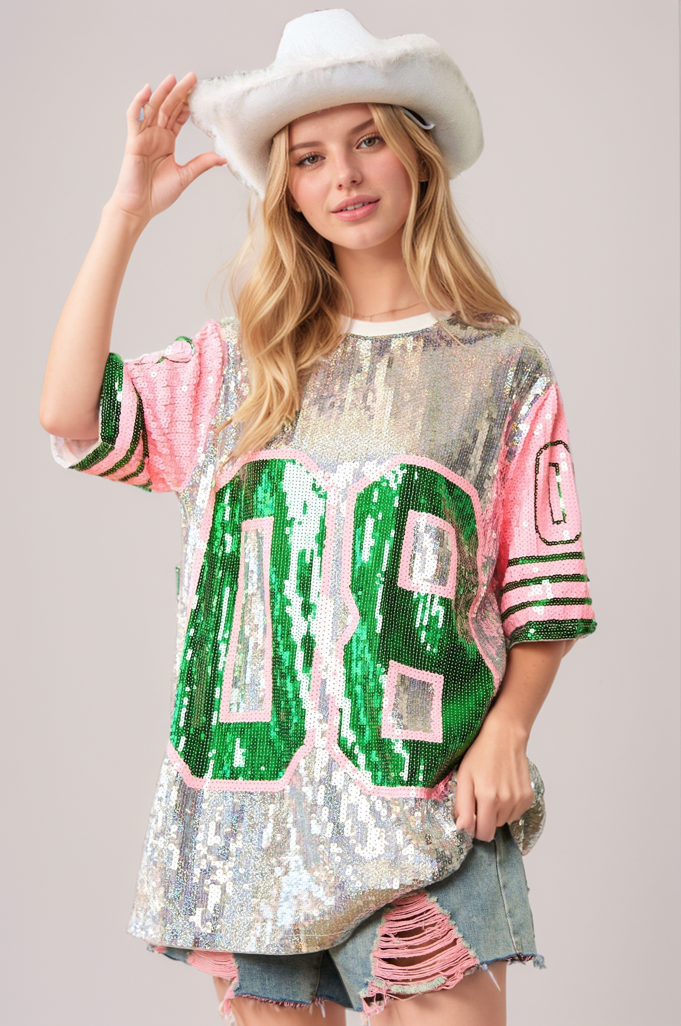 Game Day Sequin Jersey Top with Pink and Green Accents