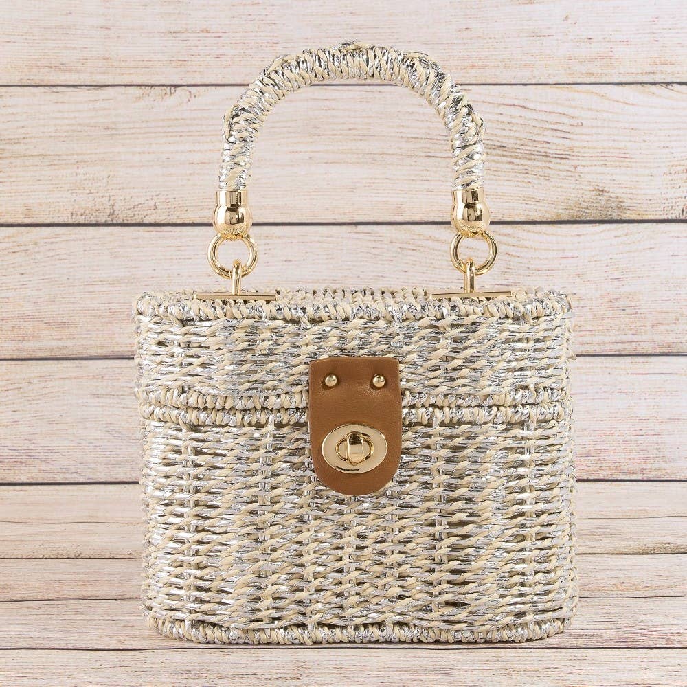 Metallic Woven Straw Top Handle Box Bag