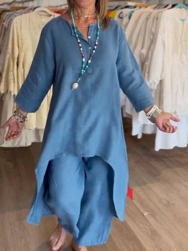 Casual Long Sleeve Cotton Linen Two-Piece Set for Women