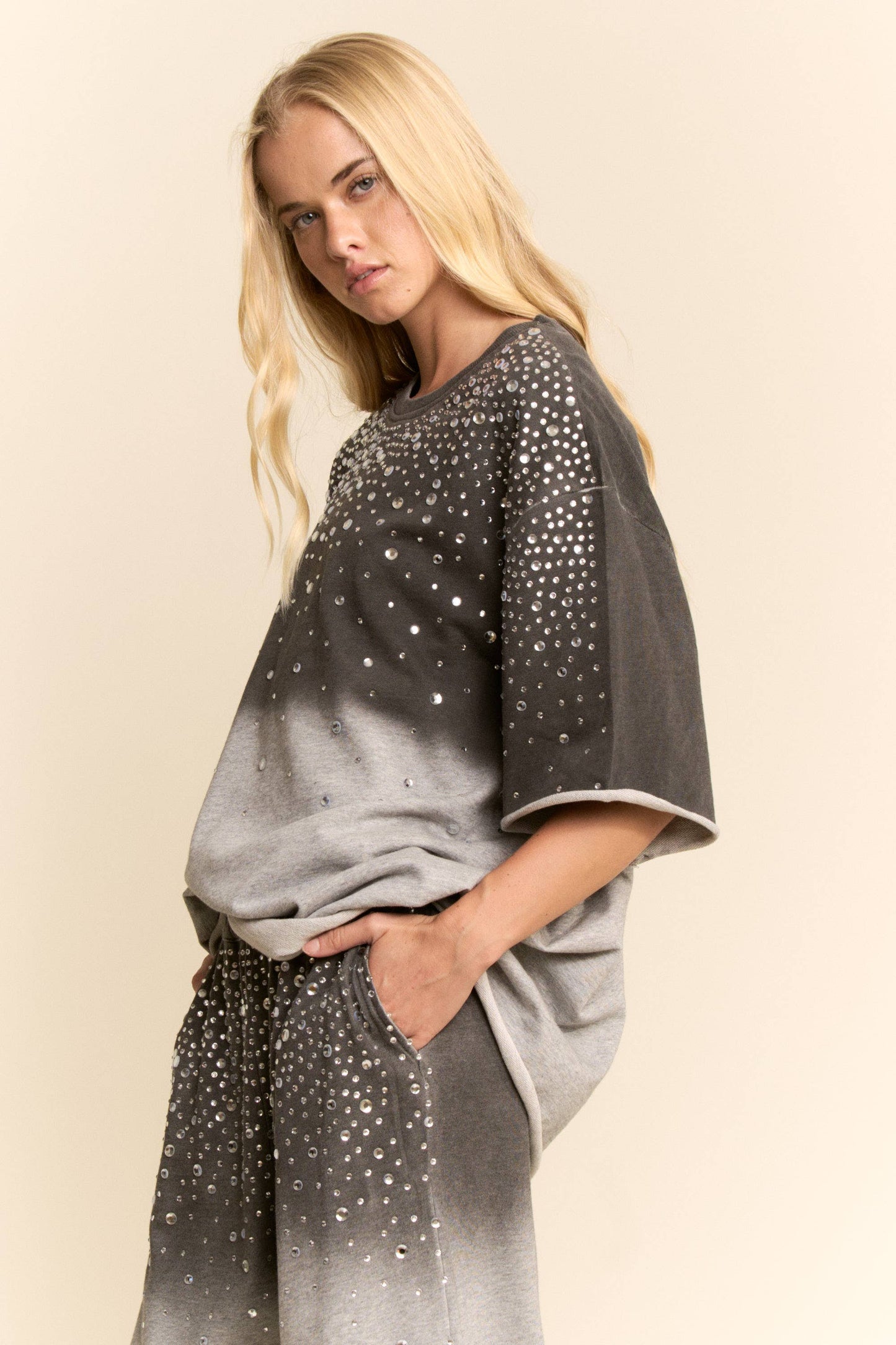 Grey RHINESTONE OMBRE SWEATSHIRT AND SHORTS SET