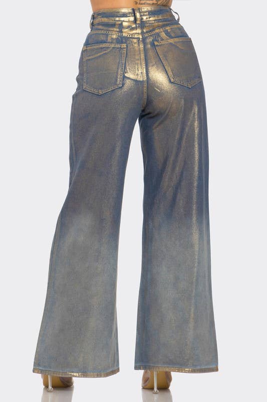 BCCPN44588 Metallic Shiny Gold Wide Jean - Sale