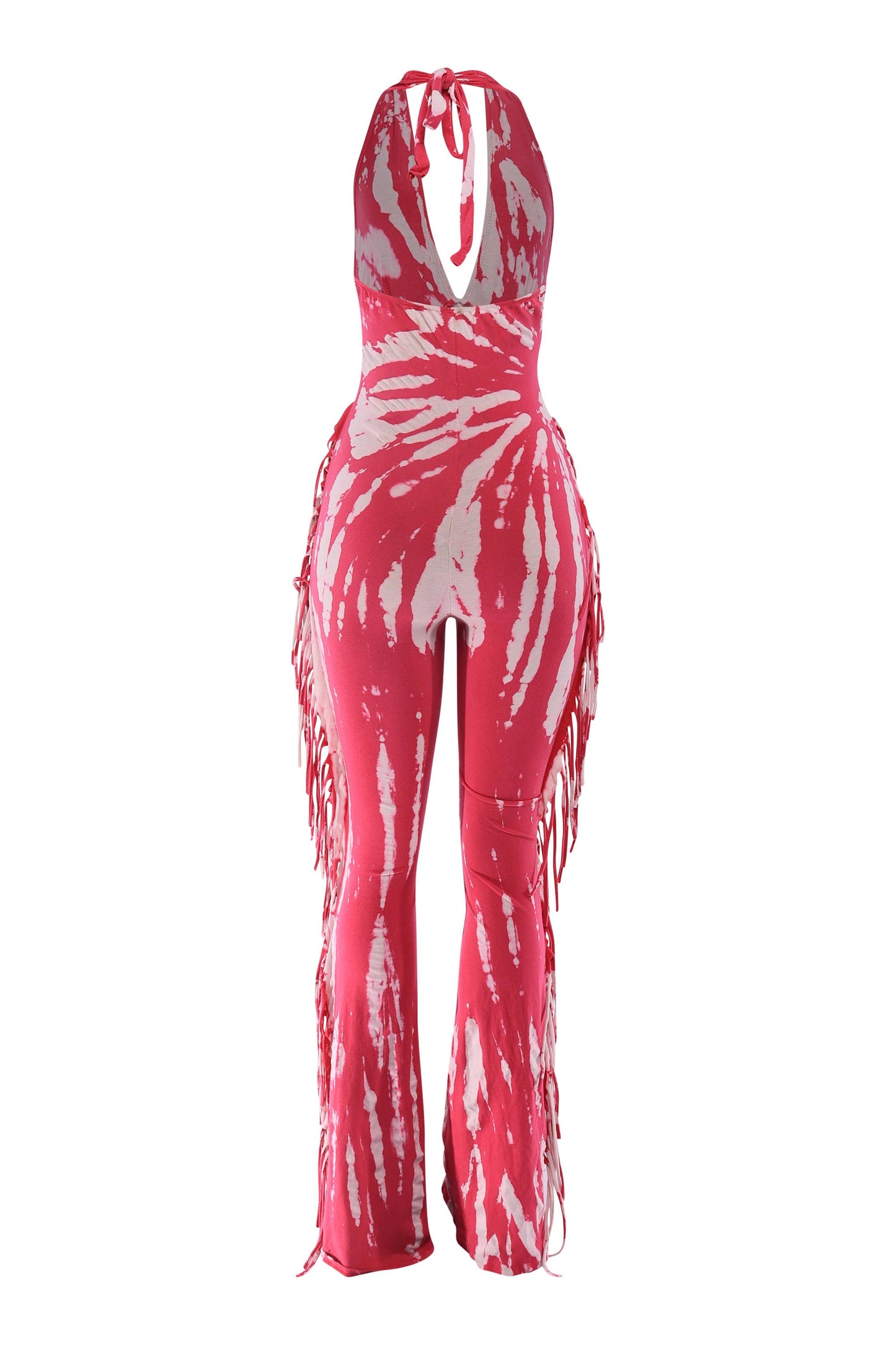 Tie dye fringed halter jumpsuit