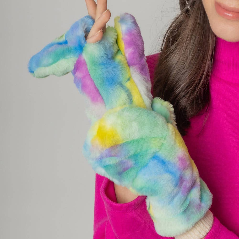 Tie Dye Faux Fur Mitten Gloves