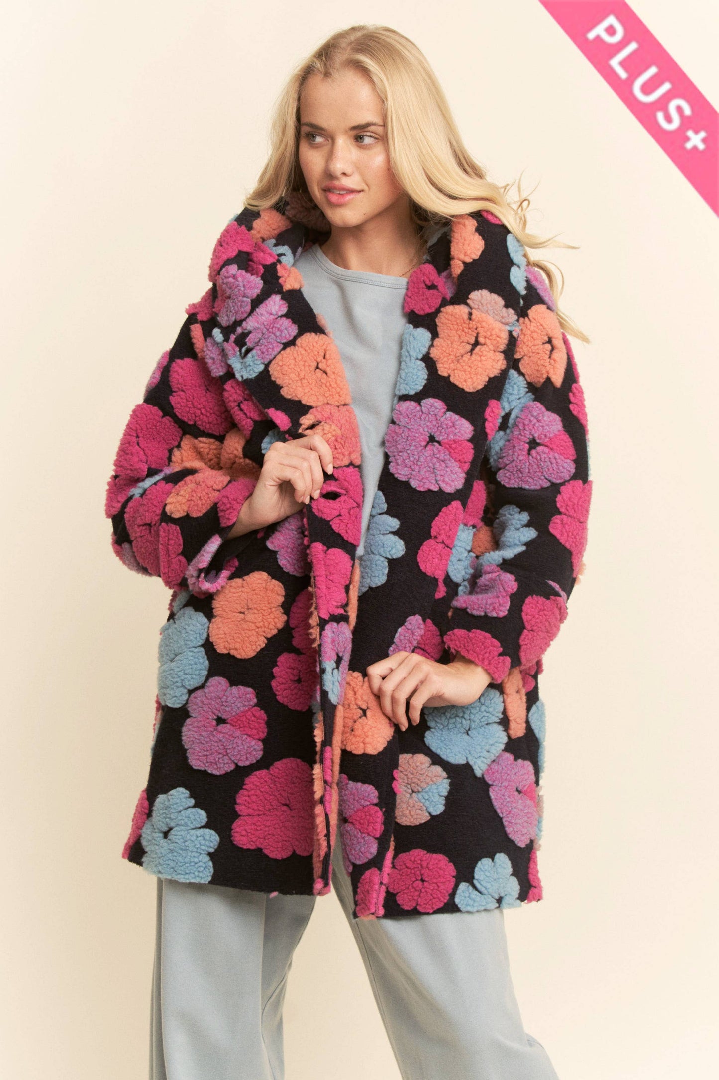 PLUS CHUNKY FLOWER EMBROIDERED HOODIE COAT JACKET