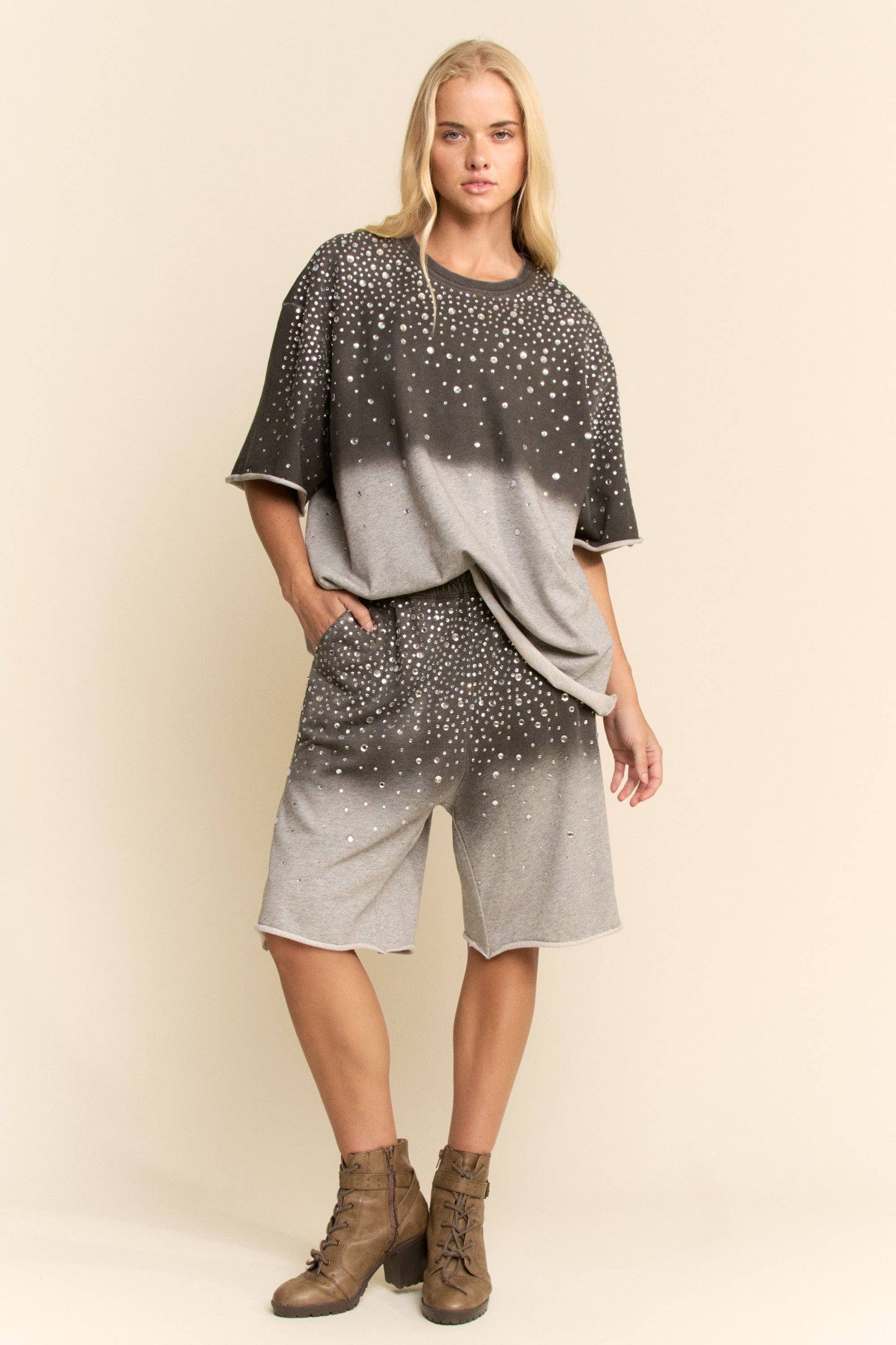 Grey RHINESTONE OMBRE SWEATSHIRT AND SHORTS SET