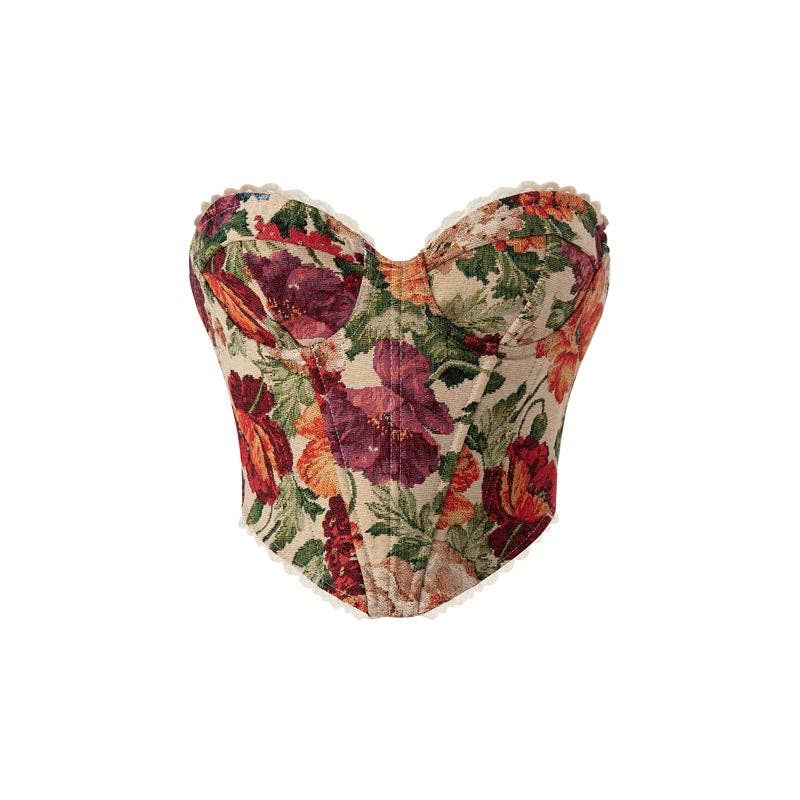 Retro Floral Lace-Up Corset Top for Trendy Street Style