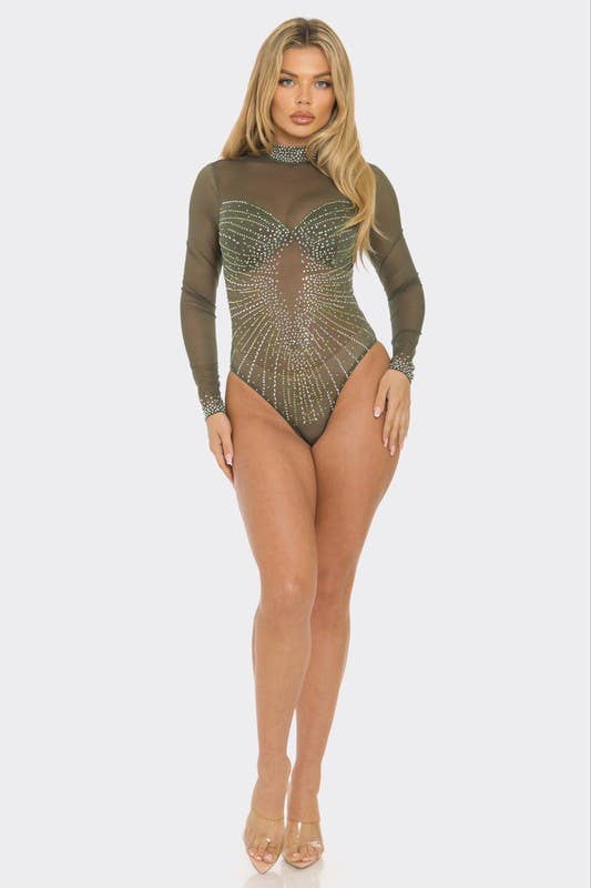 BBS44154  Colorful Rhinestone Sheer Mesh Bodysuit - Sale