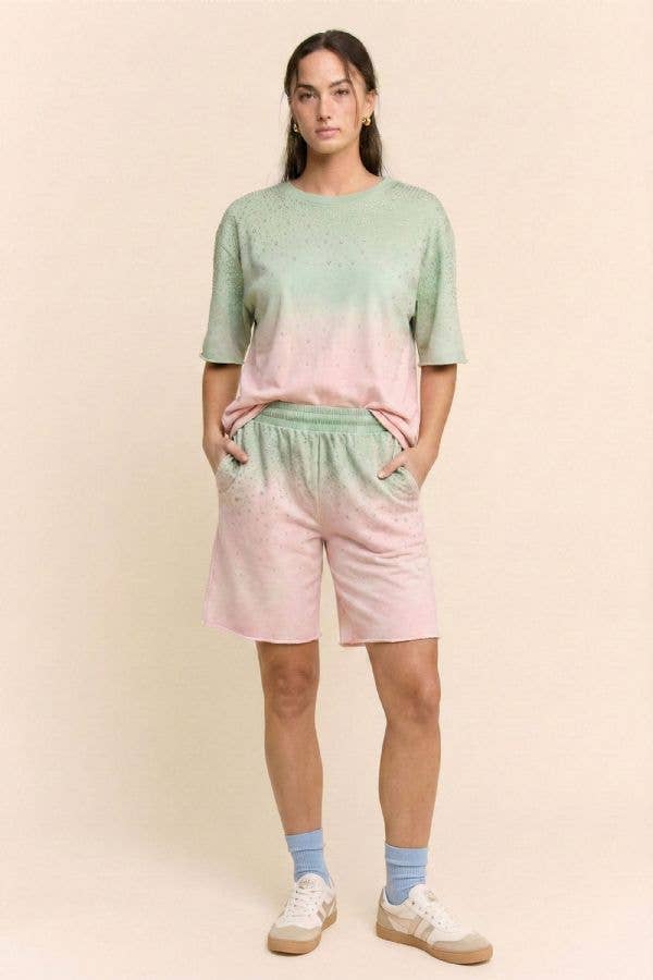 Grey RHINESTONE OMBRE SWEATSHIRT AND SHORTS SET