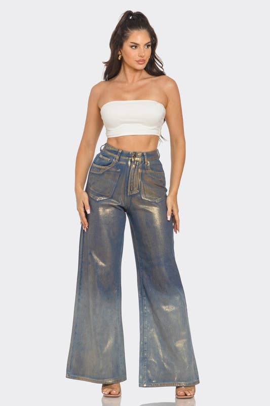 BCCPN44588 Metallic Shiny Gold Wide Jean - Sale