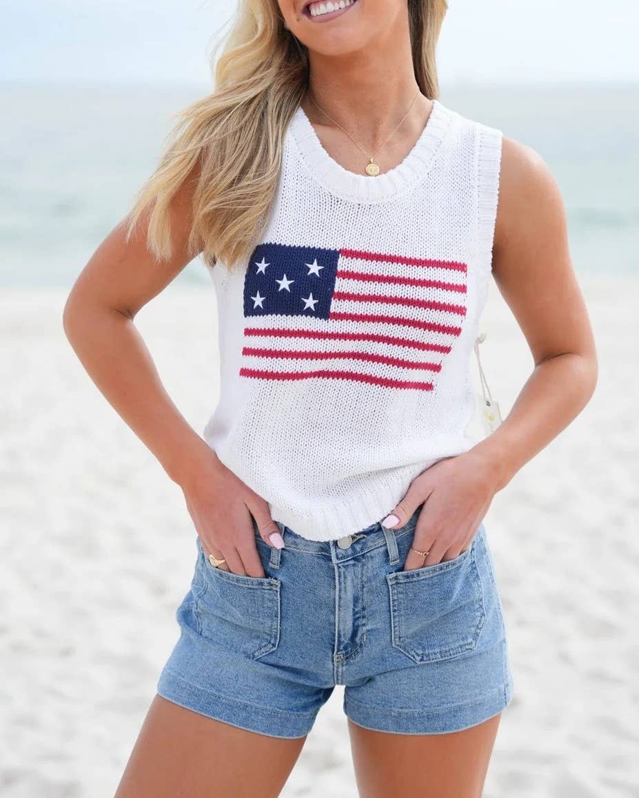 Crew Neck American Flag Knit Tank Top