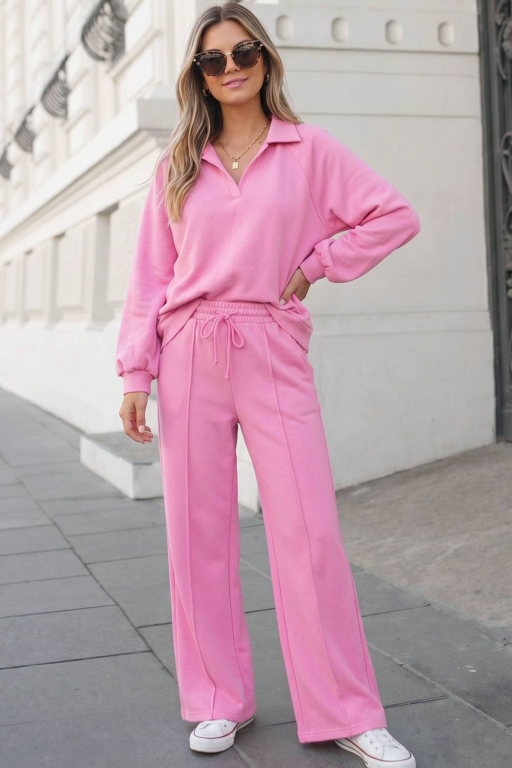 Collared Pullover and Drawstring Sweatpants 2Pcs Set | S-XL