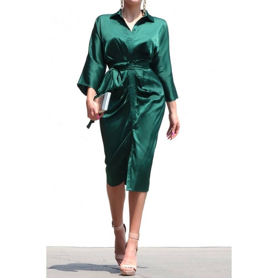 BUTTON DOWN SATIN DRESS WITH WAIST TIE DETAIL