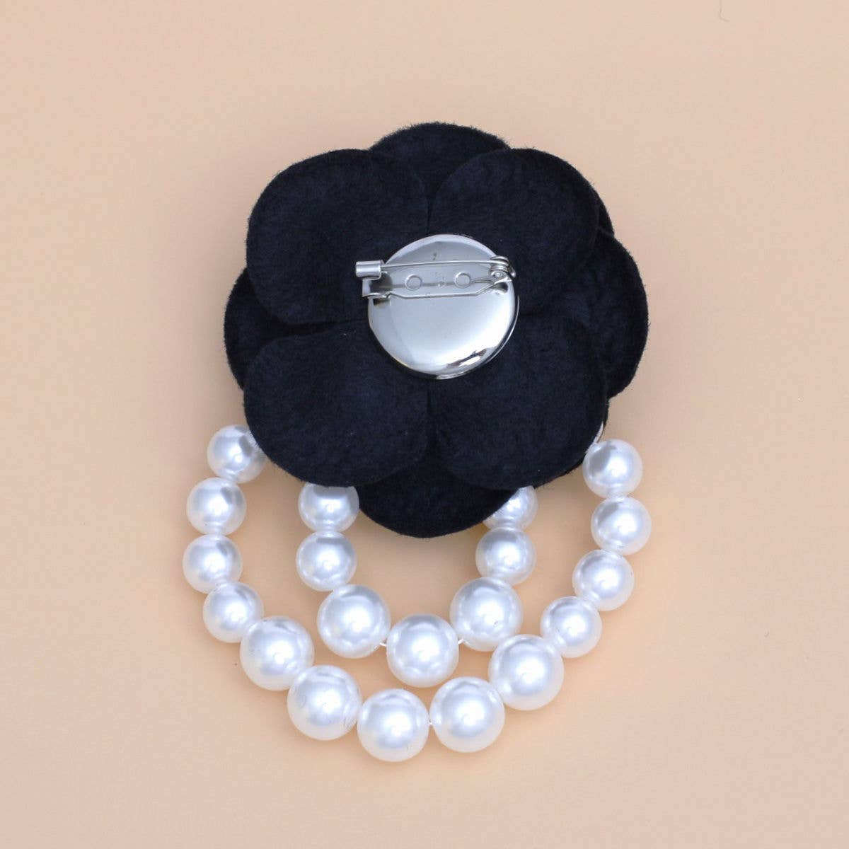 Brooch Black Flower Draped White Pearls Pin