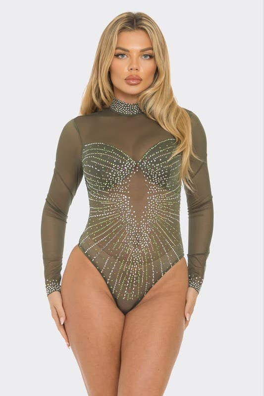 BBS44154  Colorful Rhinestone Sheer Mesh Bodysuit - Sale