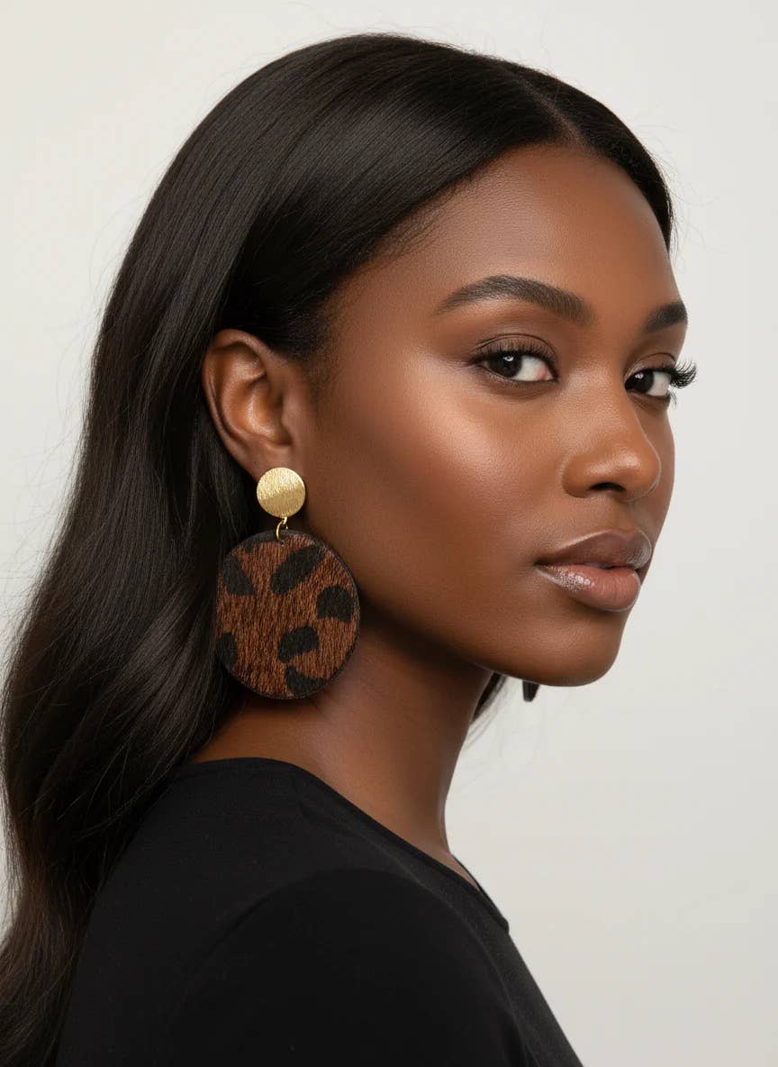 Cheetah Faux Fur Dangle Wood Earrings - Safari Jewelry
