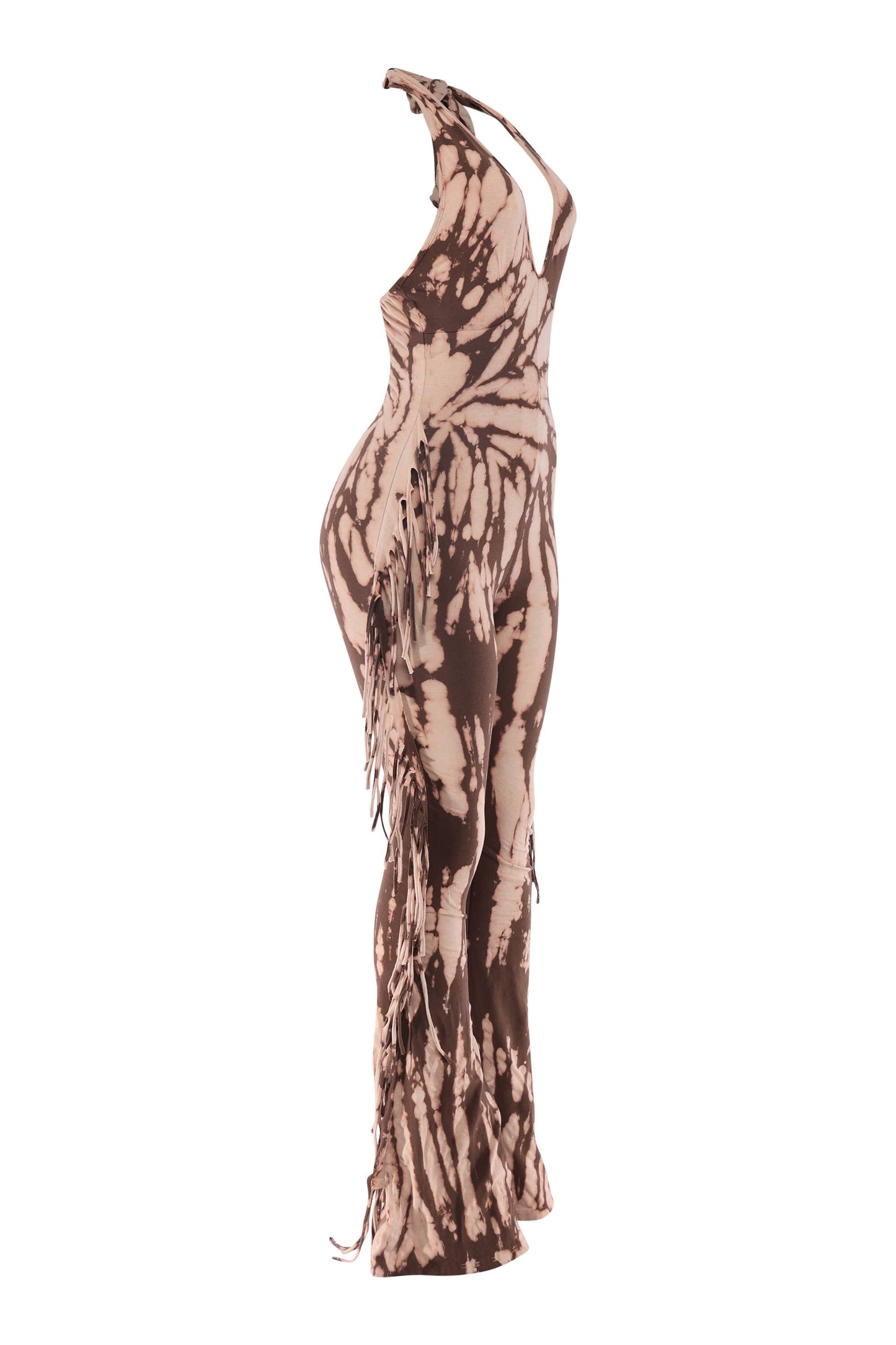 Tie dye fringed halter jumpsuit