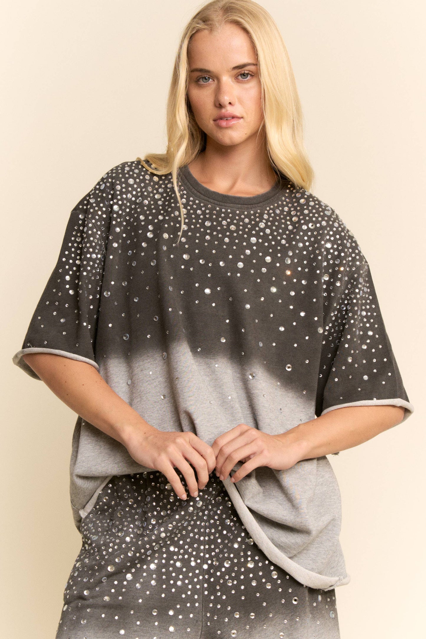Grey RHINESTONE OMBRE SWEATSHIRT AND SHORTS SET