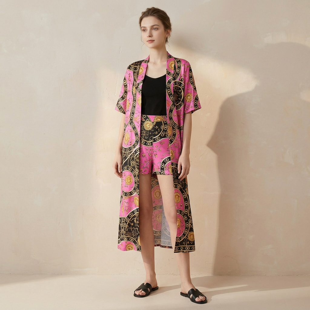 European-Inspired Cardigan Print Two-Piece Set