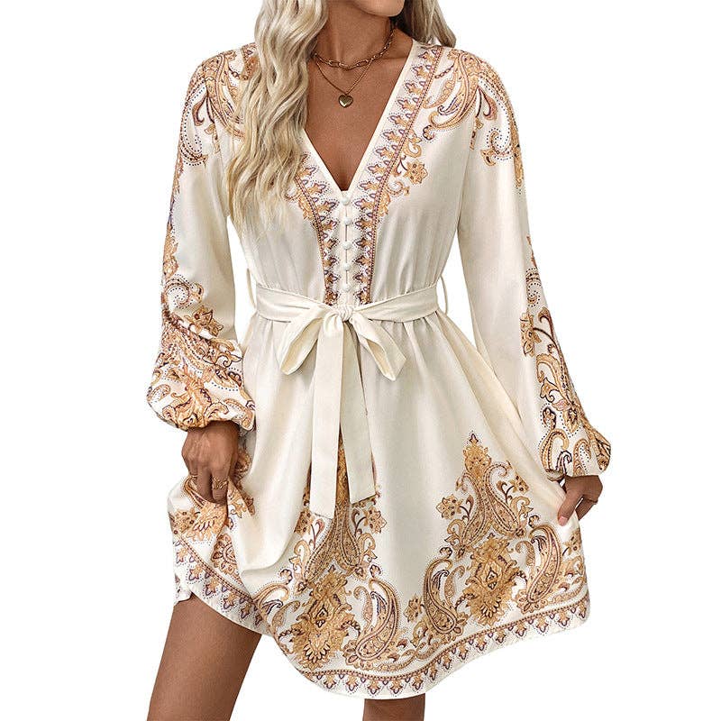 Elegant Vintage V-Neck Paisley Print Dress for Women