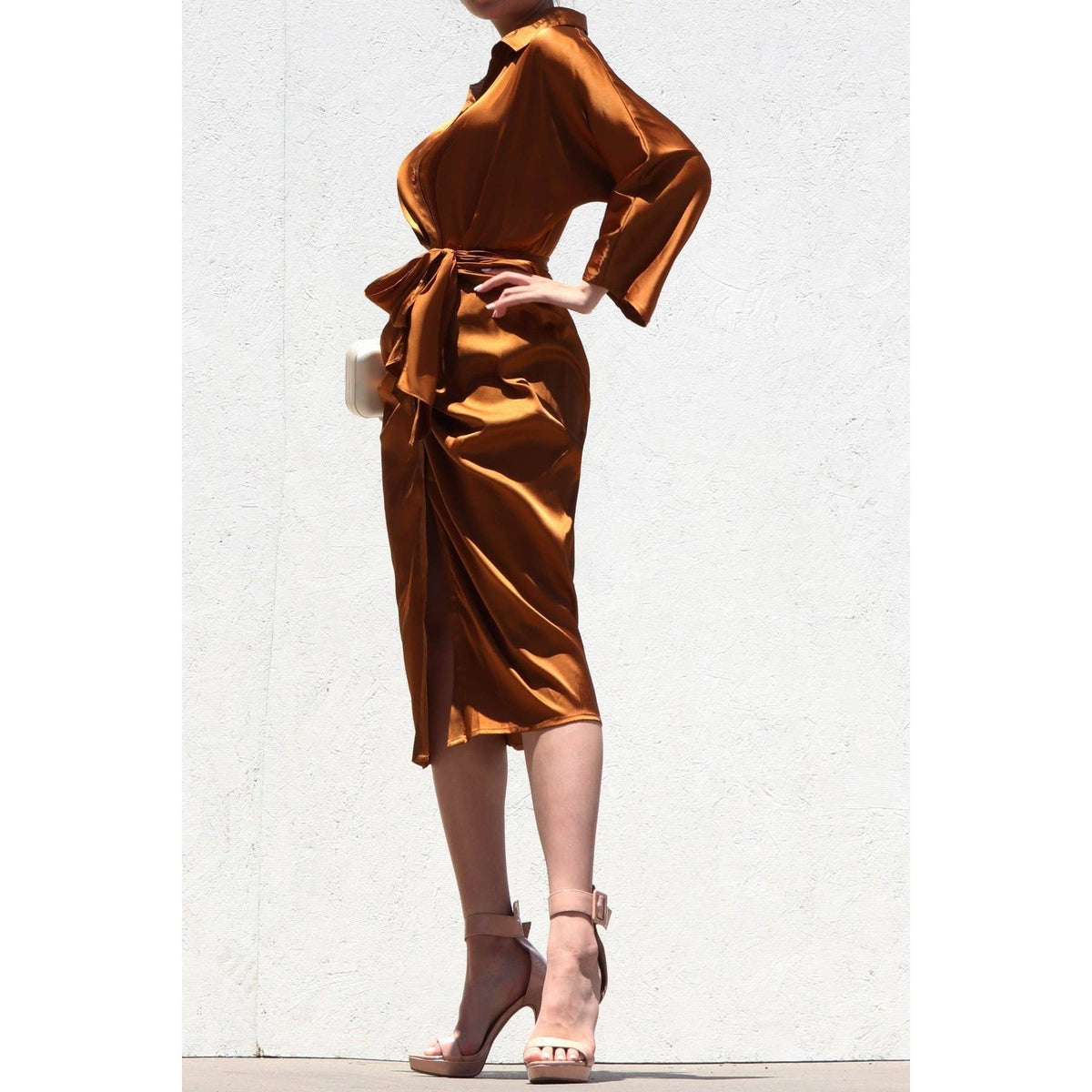 BUTTON DOWN SATIN DRESS WITH WAIST TIE DETAIL