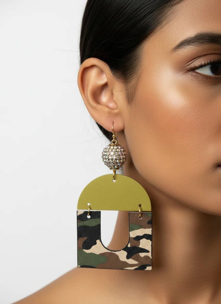 Green Camo Leather Rhinestone Lightweight Earrings