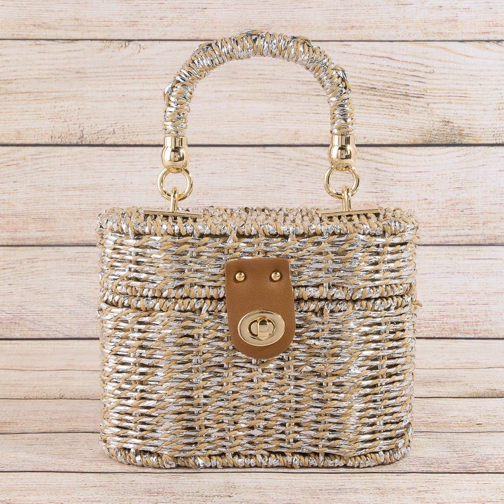 Metallic Woven Straw Top Handle Box Bag