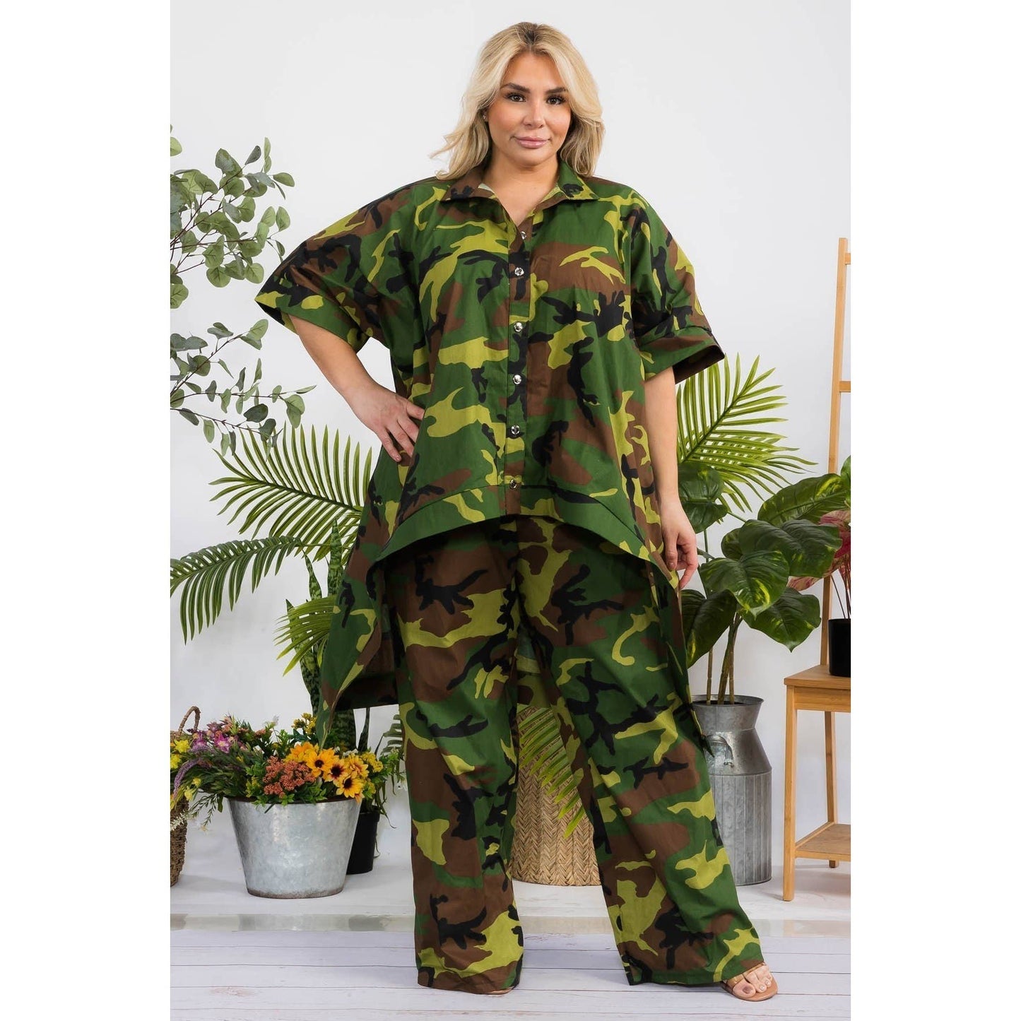 CAMO PRINT HI LO HEM SHIRT AND PANT SET