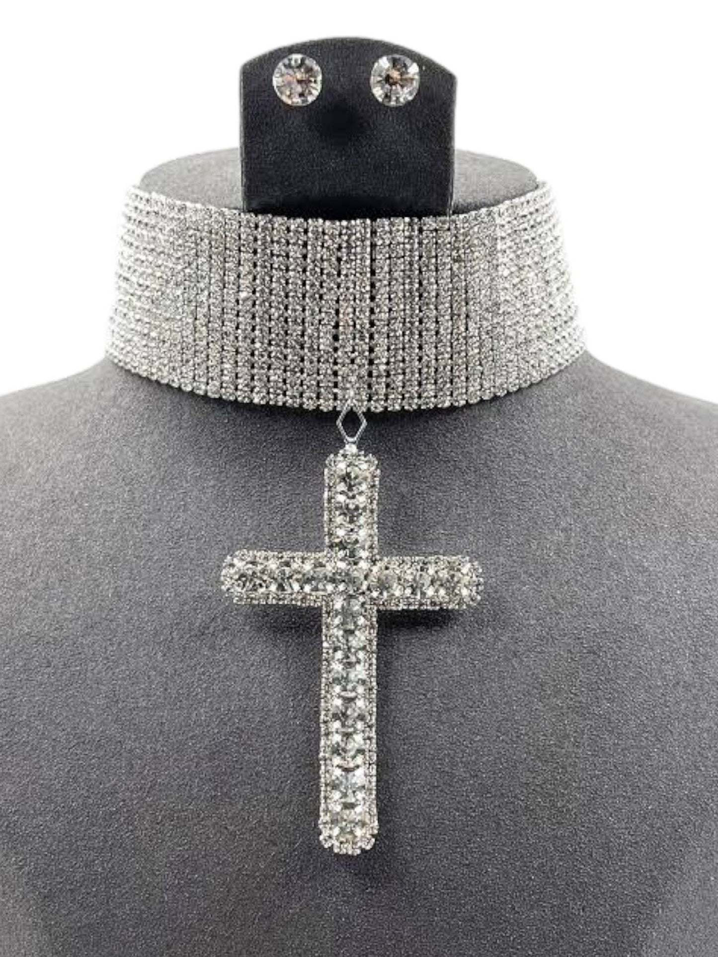 Rhinestone Cross Pendant Choker Necklace Set