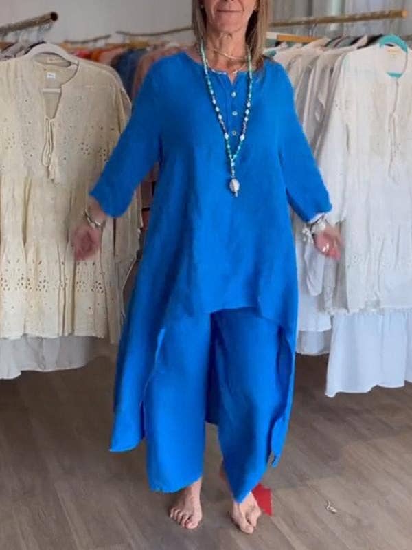 Casual Long Sleeve Cotton Linen Two-Piece Set for Women