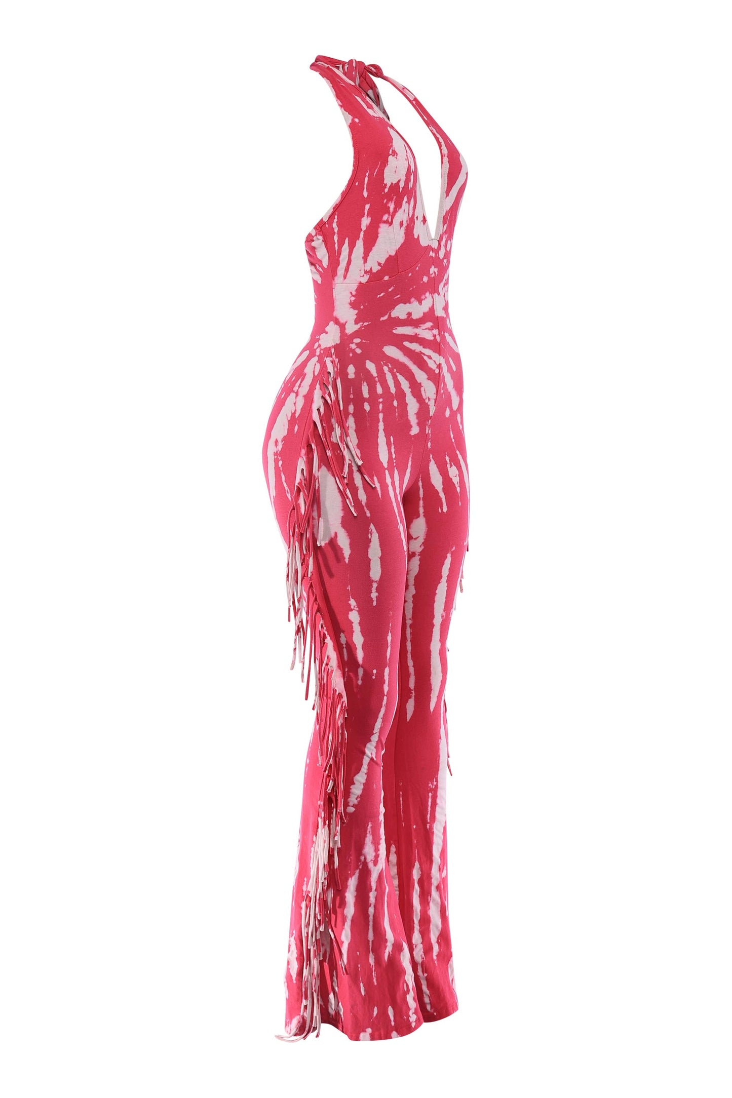 Tie dye fringed halter jumpsuit