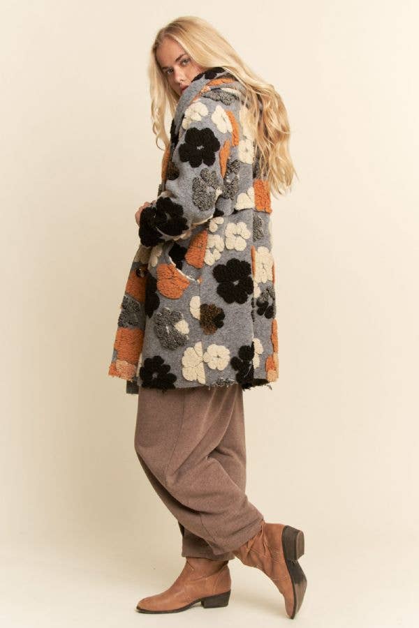 PLUS CHUNKY FLOWER EMBROIDERED HOODIE COAT JACKET